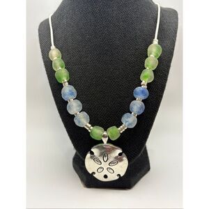 Blue & Green Statement Necklace, NEW, 26", Beach, Sand Dollar, African Beads